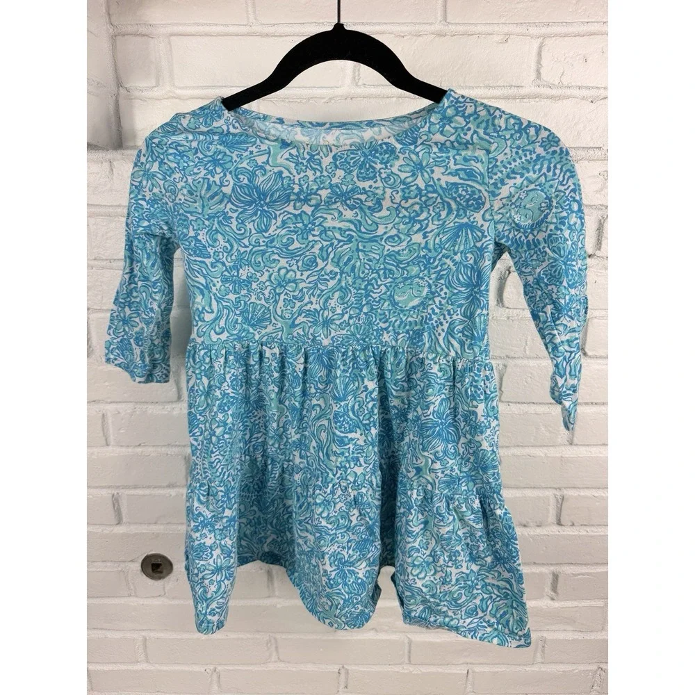 Lilly Pulitzer Girls Dress Size M 6 7 Blue Floral Cotton Tiered 3/4 Sleeve
